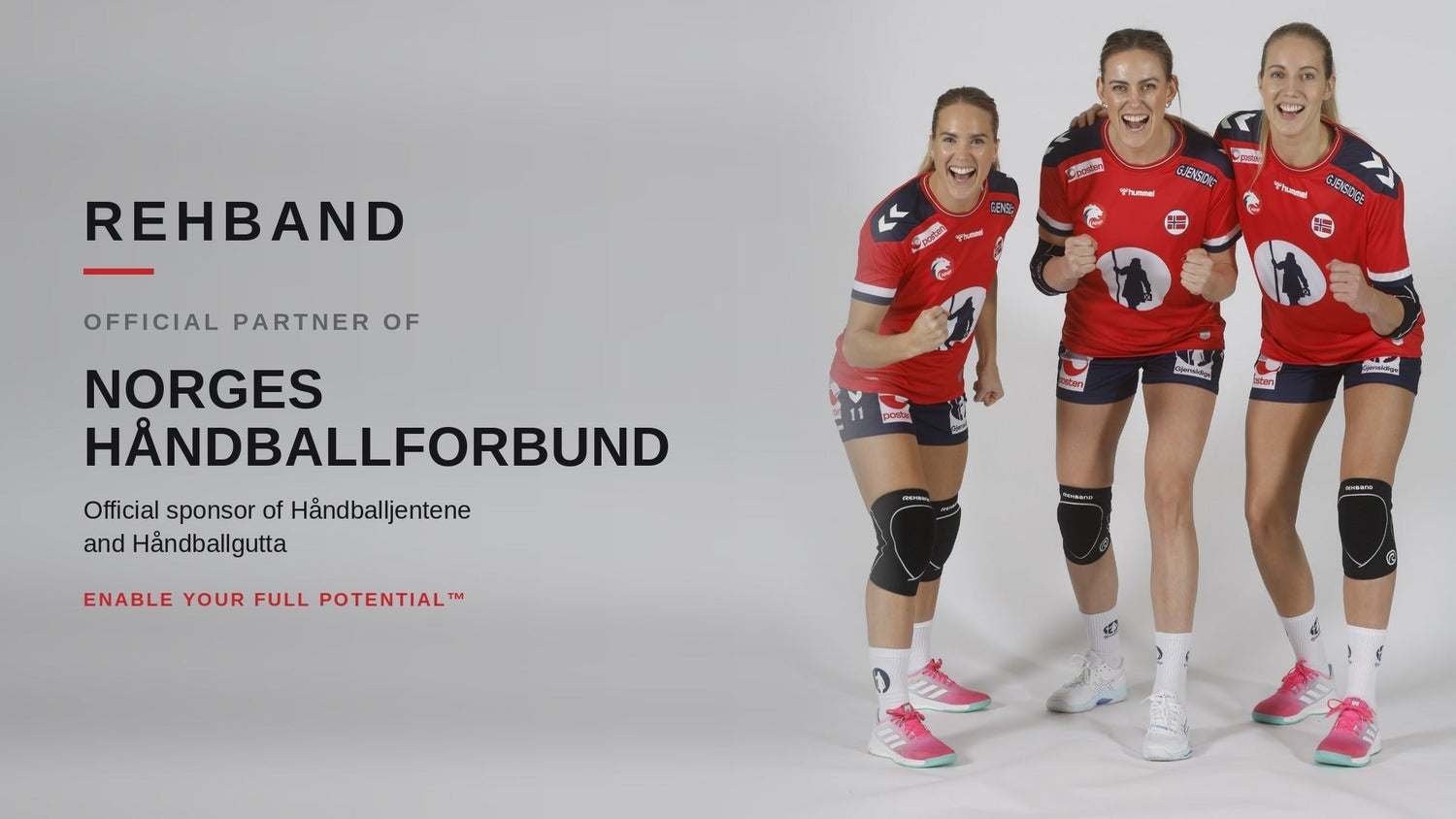 Three players of the Norwegian women's national handball team in NHF jerseys wearing Rehband knee pads – Rehband, Official partner of Norges Håndballforbund