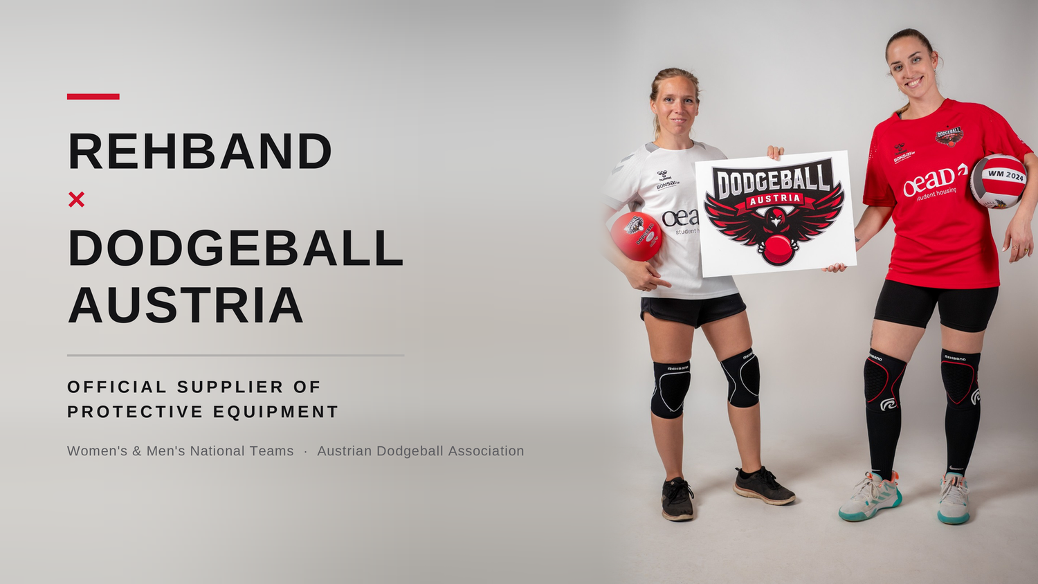 Rehband × Dodgeball Austria — Official Supplier of Protective Equipment: two Austrian Eagles national team players wearing Rehband knee protection, holding the Dodgeball Austria logo