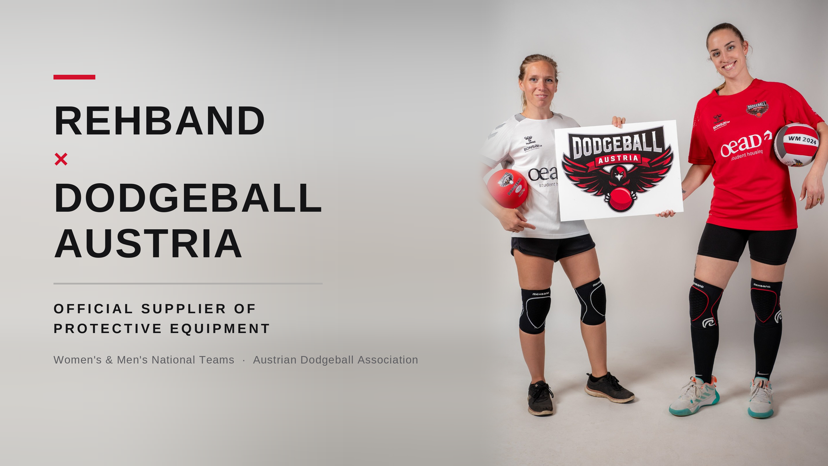 Rehband × Dodgeball Austria — Official Supplier of Protective Equipment: two Austrian Eagles national team players wearing Rehband knee protection, holding the Dodgeball Austria logo