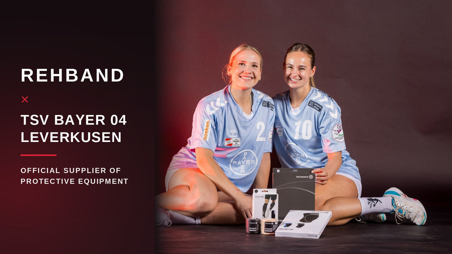 Two TSV Bayer 04 Leverkusen handball players in Werkselfen jerseys sitting with Rehband PRN Knee Pad, compression wear and RX Athletic Underwrap, next to the lockup Rehband x TSV Bayer 04 Leverkusen, Official Supplier of Protective Equipment