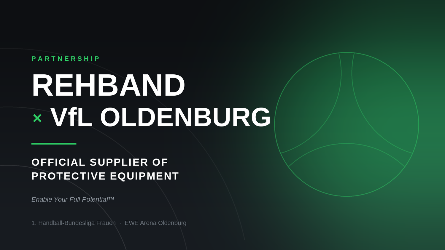 Rehband × VfL Oldenburg — Official Supplier of Protective Equipment: partnership banner with a stylised handball in the club's green, for the 1. Handball-Bundesliga Frauen team at the EWE Arena Oldenburg