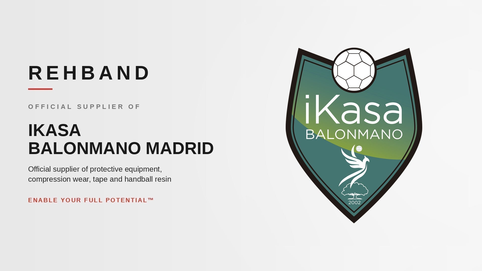 Rehband – Official Supplier of Protective Equipment of Ikasa Balonmano Madrid: the BM Ikasa club crest next to the Rehband wordmark
