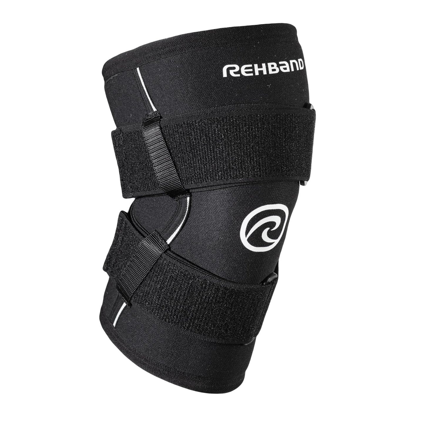 A black knee support with a Rehband logo in the center and lettering at the top and two adjusters