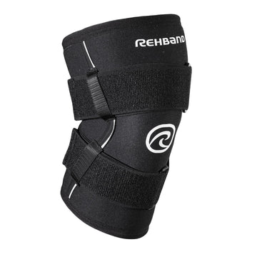 A black knee support with a Rehband logo in the center and lettering at the top and two adjusters