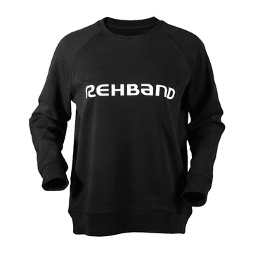 A black sweater with white Rehband lettering in the center