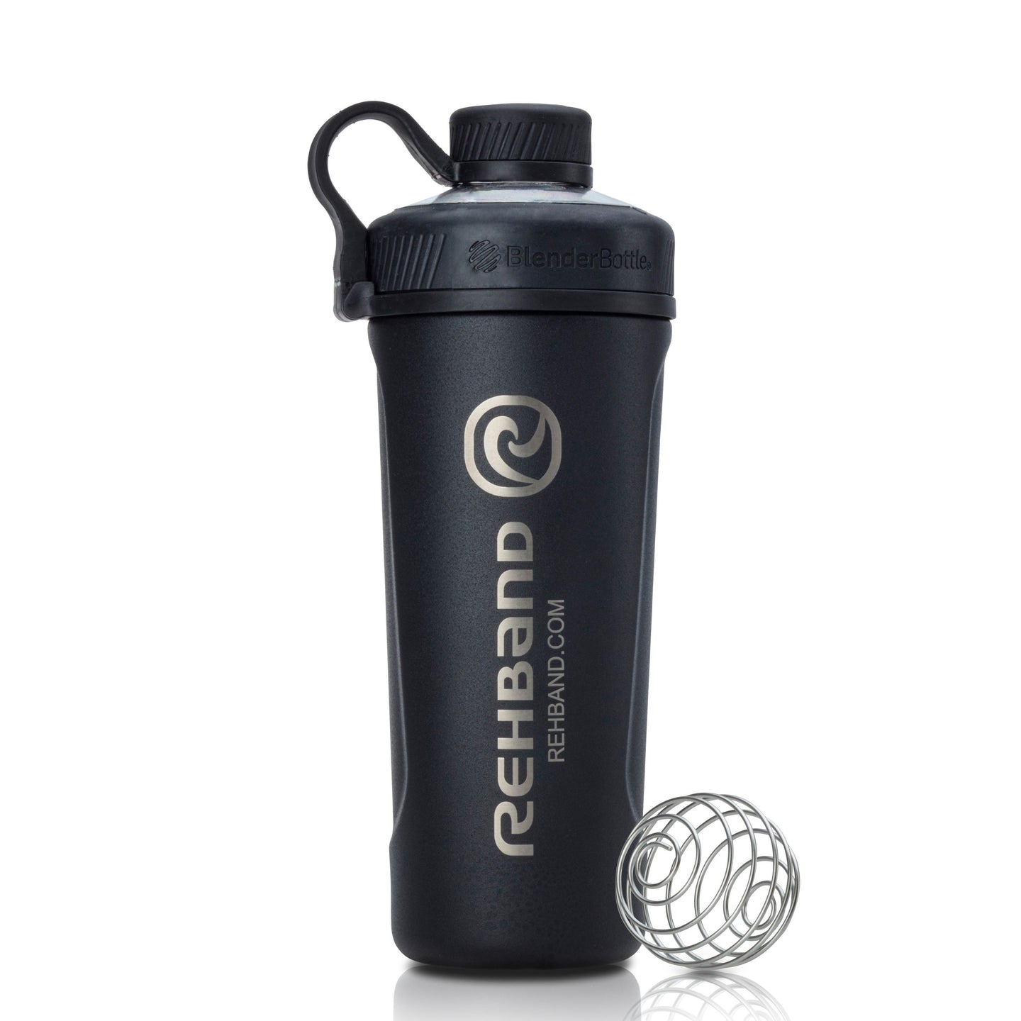 A black shaker bottle with a metal ball and a white Rehband lettering and logo in the center
