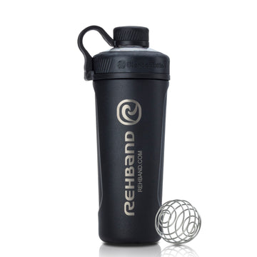 A black shaker bottle with a metal ball and a white Rehband lettering and logo in the center